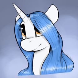 Size: 590x590 | Tagged: safe, artist:sinrar, derpibooru import, oc, oc:isolated incident, pony, unicorn, bust, commission, hair over one eye, portrait, simple background, smiling, solo