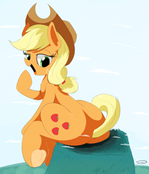 Size: 2765x3219 | Tagged: safe, artist:taurson, applejack, earth pony, pony, applebutt, cowboy hat, female, giant pony, hat, looking back, macro, mare, mountain, plot, sitting, smiling, solo, stetson