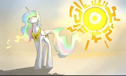 Size: 1280x773 | Tagged: safe, artist:stupidyou3, princess celestia, alicorn, pony, glowing eyes, solo, sun