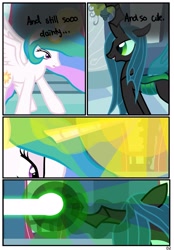 Size: 1741x2500 | Tagged: safe, artist:pyruvate, princess celestia, queen chrysalis, alicorn, changeling, changeling queen, pony, comic:consumed love, comic, consumed love, palindrome get