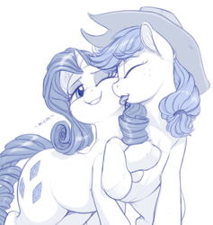 Size: 796x840 | Tagged: source needed, safe, artist:verulence, applejack, rarity, earth pony, pony, unicorn, face licking, female, lesbian, licking, mlem, monochrome, rarijack, shipping, silly, tongue out