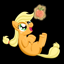 Size: 1500x1500 | Tagged: safe, artist:nurio, artist:nuriomarayana, applejack, earth pony, pony, apple, filly, happy, levitation, magic, obligatory apple, smiling