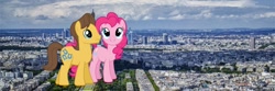 Size: 1050x350 | Tagged: safe, artist:jerryakira79, caramel, pinkie pie, earth pony, pony, female, giant pony, highrise ponies, irl, macro, paris, photo