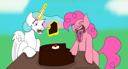 Size: 1253x677 | Tagged: safe, artist:2doubleshy, pinkie pie, princess celestia, alicorn, earth pony, pony, 30 minute art challenge, cake, eating