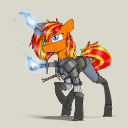 Size: 1280x1280 | Tagged: safe, artist:sinrar, derpibooru import, oc, oc:amber shield, pony, unicorn, armor, commission, crossover, magic, simple background, solo, sword, the witcher, weapon