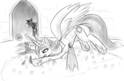 Size: 946x620 | Tagged: safe, artist:alloyrabbit, princess celestia, princess luna, alicorn, pony, the crystal empire, monochrome, sillestia