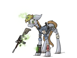 Size: 1024x768 | Tagged: safe, artist:sinrar, derpibooru import, oc, oc only, oc:littlepip, pony, unicorn, fallout equestria, assault rifle, bandage, blood, clothes, cutie mark, fanfic, fanfic art, female, floppy ears, glowing horn, gun, hooves, horn, levitation, magic, mare, optical sight, pipbuck, rifle, simple background, solo, telekinesis, vault suit, weapon, white background