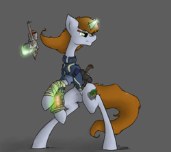 Size: 1152x1024 | Tagged: safe, artist:sinrar, derpibooru import, oc, oc only, oc:littlepip, pony, unicorn, fallout equestria, bandage, clothes, cutie mark, fanfic, fanfic art, female, glowing horn, grayscale, gun, handgun, hooves, horn, levitation, little macintosh, magic, mare, monochrome, optical sight, pipbuck, revolver, simple background, solo, telekinesis, vault suit, weapon