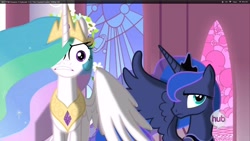 Size: 960x540 | Tagged: safe, edit, edited screencap, screencap, princess celestia, princess luna, alicorn, pony, the crystal empire, spoiler:s03, duo, hub logo, special eyes