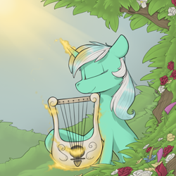 Size: 1400x1400 | Tagged: safe, artist:sinrar, derpibooru import, lyra heartstrings, pony, unicorn, commission, cute, garden, lyrabetes, lyre, magic, musical instrument, solo