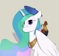 Size: 1000x950 | Tagged: safe, artist:sinrar, derpibooru import, princess celestia, alicorn, bird, pony, rooster, beret, french, hat, simple background, solo