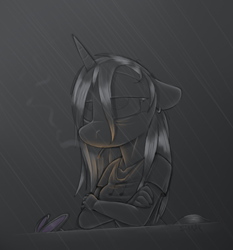 Size: 700x750 | Tagged: safe, artist:sinrar, derpibooru import, dj pon-3, vinyl scratch, anthro, unicorn, cigarette, monochrome, rain, sad, simple background, smoking, solo, wet mane