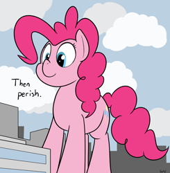 Size: 1150x1173 | Tagged: safe, artist:rapidstrike, pinkie pie, earth pony, pony, city, dialogue, giant pony, imminent death, looking down, macro, ponk, smiling, solo, then perish, this will end in death, this will not end well