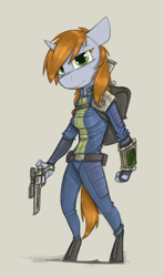 Size: 650x1100 | Tagged: safe, artist:sinrar, derpibooru import, oc, oc only, oc:littlepip, anthro, unicorn, fallout equestria, backpack, bag, clothes, fanfic, fanfic art, female, gray background, gun, handgun, hooves, horn, little macintosh, optical sight, pipbuck, revolver, simple background, solo, vault suit, weapon