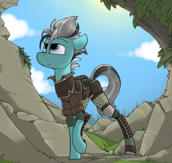 Size: 1047x991 | Tagged: safe, artist:sinrar, derpibooru import, oc, oc only, oc:tireless tracker, earth pony, pony, armor, clothes, commission, explorer outfit, exploring, male, solo, stallion