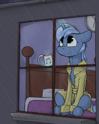 Size: 800x1000 | Tagged: safe, artist:sinrar, derpibooru import, oc, oc:paamayim nekudotayim, pony, unicorn, bathrobe, bed, bedroom, clock, clothes, commission, cute, female, glowing horn, horn, magic, mare, mug, outside looking in, rain, robe, solo, telekinesis, window