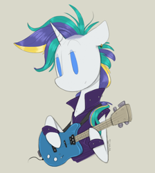 Size: 850x950 | Tagged: safe, artist:sinrar, derpibooru import, rarity, pony, unicorn, it isn't the mane thing about you, alternate hairstyle, female, guitar, musical instrument, punk, raripunk, simple background, solo