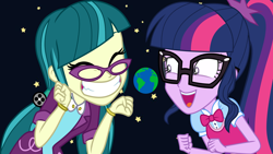 Size: 10000x5634 | Tagged: safe, artist:starlightglimmerluvr, artist:uponia, edit, juniper montage, sci-twi, twilight sparkle, equestria girls, absurd resolution, clothes, eyes closed, female, giantess, glasses, macro, open mouth, space, stars, story included, vector, vector edit