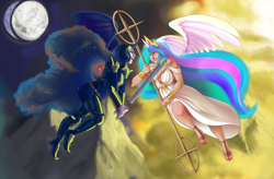 Size: 1280x840 | Tagged: safe, artist:jun-k-tastic, nightmare moon, princess celestia, horned humanization, humanized, winged humanization