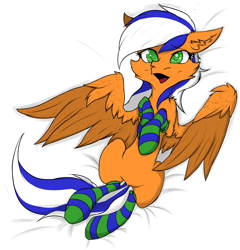 Size: 4800x4991 | Tagged: safe, artist:tatykin, derpibooru import, oc, oc only, oc:naarkessex, pony, bed, cheek fluff, clothes, ear fluff, female, on bed, pegasus oc, socks, solo, striped socks