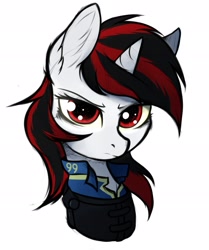 Size: 1600x1914 | Tagged: safe, artist:tatykin, derpibooru import, oc, oc only, oc:blackjack, pony, unicorn, fallout equestria, fallout equestria: project horizons, bust, ear fluff, fanfic art, female, frown, looking at you, mare, portrait, scowl, simple background, solo, vault security armor, white background