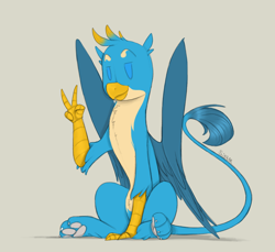 Size: 1200x1100 | Tagged: safe, artist:sinrar, derpibooru import, gallus, griffon, colored sketch, male, peace sign, simple background, sitting, sketch, solo