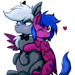 Size: 676x676 | Tagged: safe, artist:tatykin, derpibooru import, oc, oc:neon burst, pegasus, pony, cute, hug, male, trap