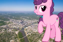 Size: 2850x1900 | Tagged: safe, artist:jerryakira79, artist:jhayarr23, edit, sugar belle, pony, unicorn, female, giant pony, highrise ponies, irl, macro, photo, raised hoof