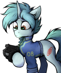 Size: 3360x4000 | Tagged: safe, artist:tatykin, derpibooru import, oc, oc only, oc:nova dust, pony, unicorn, fallout equestria, chest fluff, clothes, ear fluff, male, pipbuck, simple background, solo, stallion, vault suit, white background, ych result