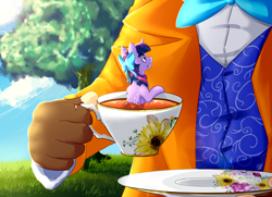 Size: 1800x1300 | Tagged: safe, artist:kiarawizard01, twilight sparkle, twilight sparkle (alicorn), alicorn, pony, alice in wonderland, bow, bowtie, clothes, coward, crossover, cup, cup of pony, food, frock coat, hair bow, if only, karma, mad hatter, micro, shirt, tea, teacup, tiny ponies, uh oh, waistcoat