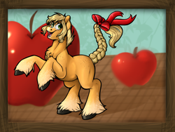 Size: 4800x3600 | Tagged: safe, artist:tabertheraver, applejack, earth pony, pony, alternate hairstyle, apple, bow, braid, braided tail, female, food, frame, mare, micro, missing accessory, missing cutie mark, obligatory apple, open mouth, rearing, solo, tail bow, unshorn fetlocks