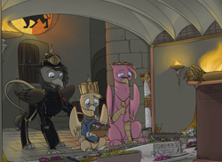 Size: 1500x1100 | Tagged: safe, artist:sinrar, derpibooru import, oc, oc only, oc:gabriela eagleclaw, oc:grover vi, griffon, equestria at war mod, armor, clothes, crown, crypt, fire, flag, flower, grave, group, jewelry, pickelhaube, regalia, sad, stained glass, sword, weapon