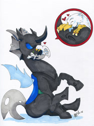 Size: 921x1234 | Tagged: safe, artist:meastudios, oc, oc only, oc:der, oc:evening breeze, changeling, griffon, biting, changeling oc, drool, duo, fangs, griffon oc, male, micro, teeth, traditional art