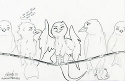 Size: 1226x792 | Tagged: safe, artist:midnightpremiere, oc, oc only, oc:der, bird, griffon, dialogue, micro, monochrome, traditional art, wires