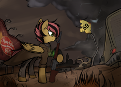 Size: 3500x2500 | Tagged: safe, artist:tatykin, derpibooru import, oc, oc only, oc:ratchet scram, pegasus, pony, fallout equestria, 69 (number), ar15, duster, fallout, fanfic, fanfic art, gun, hooves, male, pegasus enclave, pipbuck, rifle, sparkle cola, spread wings, stallion, truck, wasteland, weapon, wings
