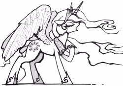 Size: 3489x2508 | Tagged: safe, artist:vombavr, princess celestia, alicorn, pony, lineart, monochrome, singing, solo