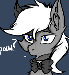 Size: 2500x2700 | Tagged: source needed, safe, artist:tatykin, derpibooru import, oc, oc:jonathan bleak, earth pony, pony, avatar, blue eyes, bow, bowtie, bust, confused, cyrillic, gray coat, male, portrait, stallion, white mane