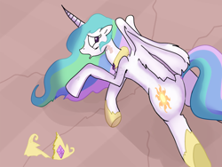 Size: 988x741 | Tagged: source needed, safe, artist:klondike, princess celestia, alicorn, pony, abuse, broken accessory, butt, celestiabuse, female, injured, mare, plot, solo