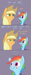 Size: 1280x3072 | Tagged: safe, artist:underpable, applejack, rainbow dash, earth pony, pegasus, pony, :t, blush sticker, blushing, comic, cowboy hat, dialogue, female, frown, hat, lidded eyes, loading, mare, my parents are dead, open mouth, purple background, rainbow douche, rainbow dumb, scrunchy face, shipping denied, simple background, smiling, smirk, stetson, unamused, wide eyes