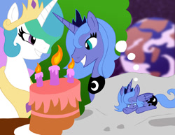 Size: 900x695 | Tagged: safe, artist:pembroke, princess celestia, princess luna, alicorn, pony, cake, crying, earth, memories, moon, s1 luna, sad