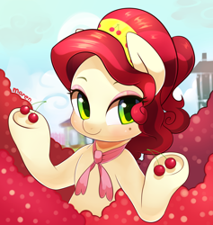 Size: 1800x1900 | Tagged: safe, artist:maren, derpibooru import, cherry jubilee, earth pony, pony, beauty mark, cherry, cute, eyeshadow, food, hoof hold, looking at you, makeup, pile, smiling, solo, underhoof