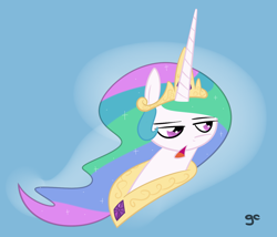 Size: 980x840 | Tagged: safe, artist:grilledcat, princess celestia, alicorn, pony, female, horn, mare, meh, multicolored mane, solo, white coat