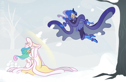 Size: 1200x784 | Tagged: safe, artist:egophiliac, princess celestia, princess luna, cape, clothes, duo, ethereal hair, female, humanized, one eye closed, royal sisters, siblings, sisters, snow, snowball, snowball fight, starry hair, woman