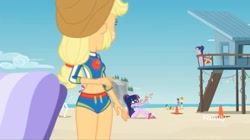 Size: 1365x767 | Tagged: safe, screencap, applejack, baewatch, microchips, paisley, sandalwood, sci-twi, starlight, twilight sparkle, valhallen, better together, equestria girls, forgotten friendship, background human, beach, clothes, feet, geode of super strength, hips, magical geodes, midriff, rock horse, sandals, swimsuit