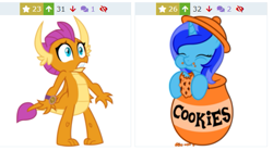 Size: 591x328 | Tagged: safe, artist:frownfactory, artist:fuzzybrushy, smolder, oc, oc only, oc:spacelight, dragon, pony, unicorn, a matter of principals, adorable face, cookie, cookie jar, cookie jar pony, cute, derpibooru, dragoness, eating, female, food, horns, juxtaposition, mare, meta, micro, scared, simple background, solo, transparent background, vector, wings