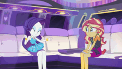 Size: 480x270 | Tagged: safe, screencap, rarity, sunset shimmer, better together, driving miss shimmer, driving miss shimmer: rarity, equestria girls, animated, blinking, bracelet, confused, cute, dancing, dancity, eyes closed, frown, headbob, jewelry, limousine, raised eyebrow, raribetes, sitting, smiling
