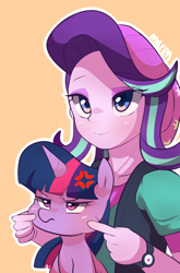 Size: 670x1015 | Tagged: safe, artist:maren, derpibooru import, starlight glimmer, twilight sparkle, twilight sparkle (alicorn), alicorn, pony, equestria girls, annoyed, beanie, cheek pinch, clothes, cross-popping veins, cute, duo, eyeshadow, female, glimmerbetes, hat, makeup, mare, simple background, smiling, squishy cheeks, twiabetes, watch