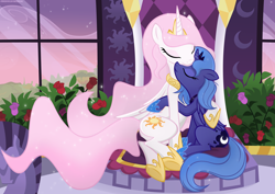 Size: 5000x3549 | Tagged: dead source, safe, artist:illuminatiums, princess celestia, princess luna, alicorn, pony, cute, cutelestia, hug, kissing, nuzzling, sisterly love, sisters, sitting, woona