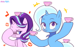 Size: 1900x1200 | Tagged: safe, artist:maren, derpibooru import, starlight glimmer, trixie, pony, unicorn, all bottled up, annoyed, balancing, cup, cute, female, mare, simple background, teacup, that pony sure does love teacups, white background