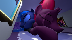 Size: 1280x720 | Tagged: safe, artist:johnnyxluna, princess luna, tempest shadow, alicorn, pony, 3d, canterlot castle, cuddling, female, lesbian, macro, shipping, sleeping, source filmmaker, tempestluna